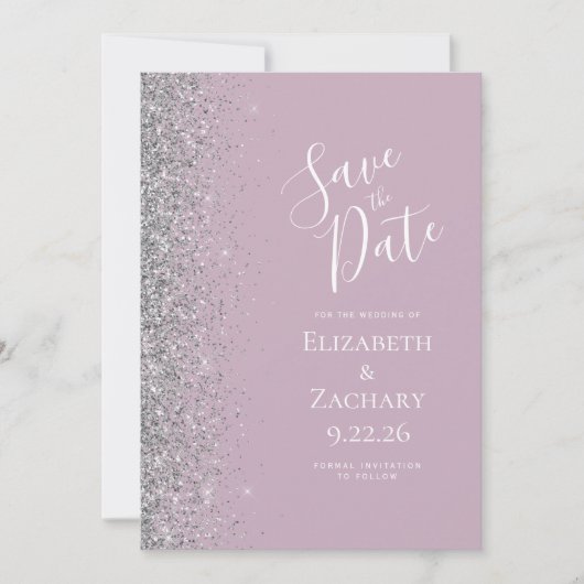 Modern Dusty Lila Silver Glitter Save the Date Aankondiging (Voorkant)