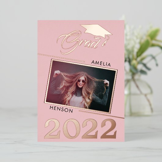 Modern Dusty Pink Afstuderen 2 Foto Afstuderen Folie Uitnodiging (Staand Voorkant)