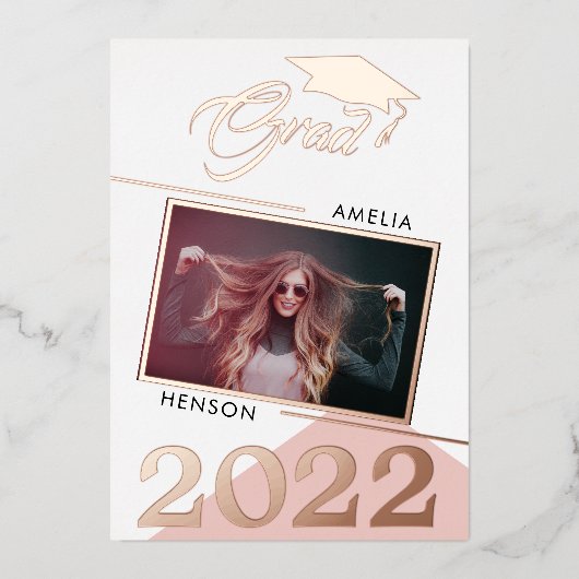 Modern Dusty Pink Afstuderen 2 Foto Afstuderen Folie Uitnodiging (Voorkant)