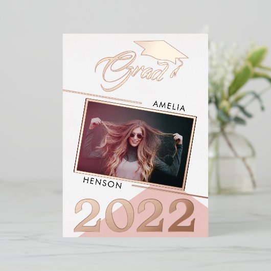 Modern Dusty Pink Afstuderen 2 Foto Afstuderen Folie Uitnodiging (Staand Voorkant)