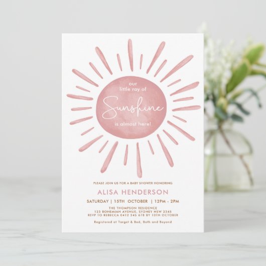 Modern Dusty Pink Boho Sunshine Girl Baby shower Kaart (Staand voorkant)