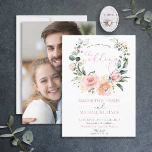 Modern Dusty Pink Floral Wreath Photo Wedding Kaart