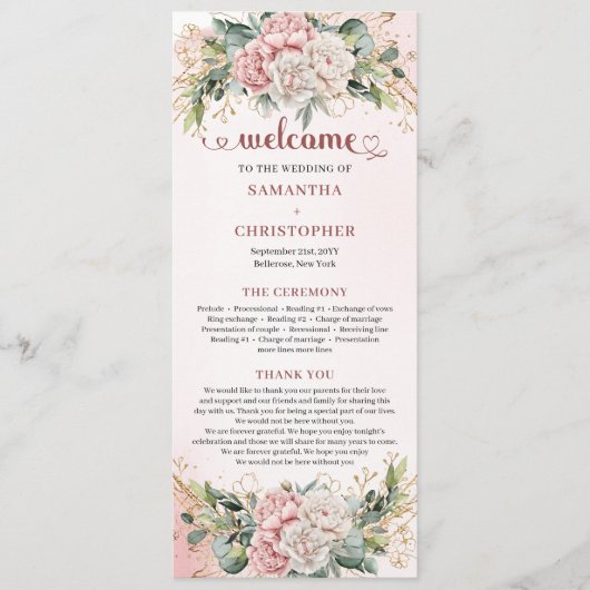 Modern Dusty Pink Flowers Greenery Wedding Program Programmakaart (Voorkant)