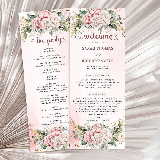 Modern Dusty Pink Flowers Greenery Wedding Program Programmakaart