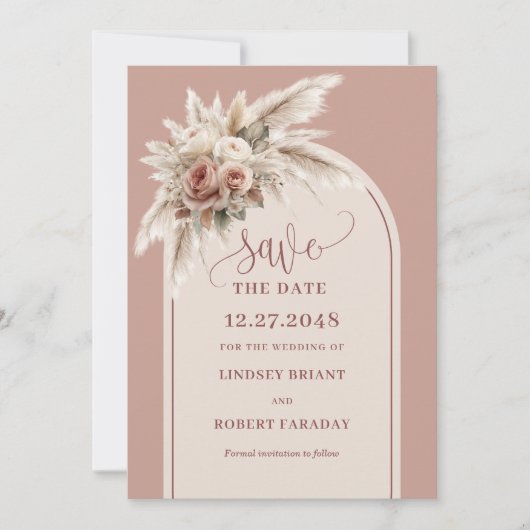 Modern Dusty Pink Pampas Grass Save the Date Card Kaart (Voorkant)