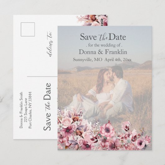 Modern Dusty Pink Rose Bewaar de datum Foto Briefkaart (Voorkant / Achterkant)