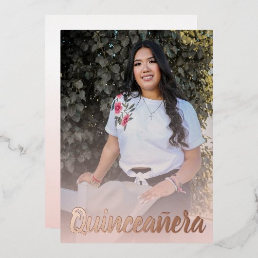 Modern Dusty Pink Rose Gold Quinceanera Folie Uitnodiging (Voorkant / Achterkant)