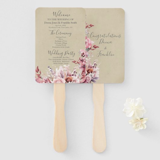 Modern Dusty Pink Rose Wedding Programma Handwaaier (Voorkant en achterkant)