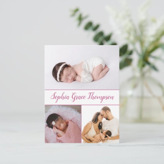 Modern Dusty Pink Script Naam Baby Meisje Foto's Briefkaart (Staand voorkant)