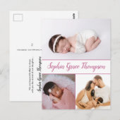 Modern Dusty Pink Script Naam Baby Meisje Foto's Briefkaart (Voorkant / Achterkant)