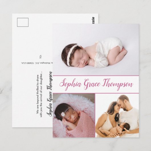 Modern Dusty Pink Script Naam Baby Meisje Foto's Briefkaart (Voorkant / Achterkant)