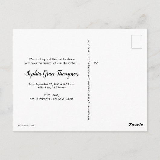 Modern Dusty Pink Script Naam Baby Meisje Foto's Briefkaart (Achterkant)