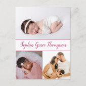Modern Dusty Pink Script Naam Baby Meisje Foto's Briefkaart (Voorkant)