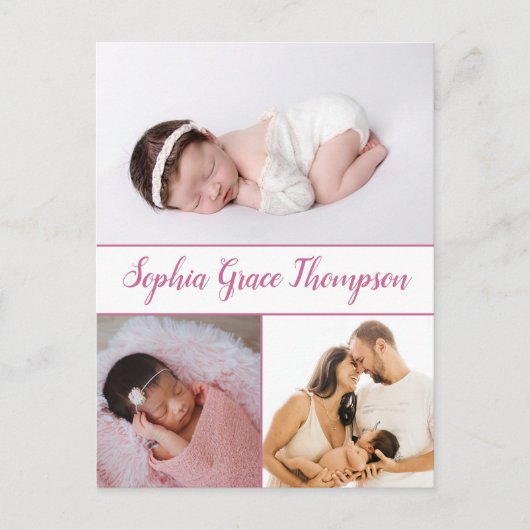 Modern Dusty Pink Script Naam Baby Meisje Foto's Briefkaart (Voorkant)