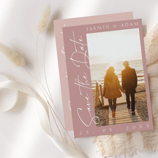 Modern Dusty Pink Script Photo Weddenschap Save The Date