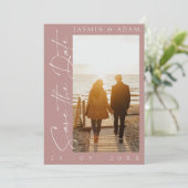 Modern Dusty Pink Script Photo Weddenschap Save The Date (Staand voorkant)