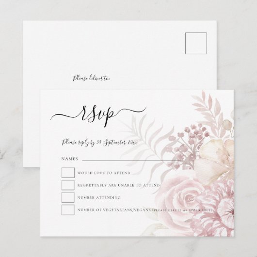 Modern Dusty Pink Tinted Florals Bruiloft RSVP Uitnodiging Briefkaart (Voorkant / Achterkant)