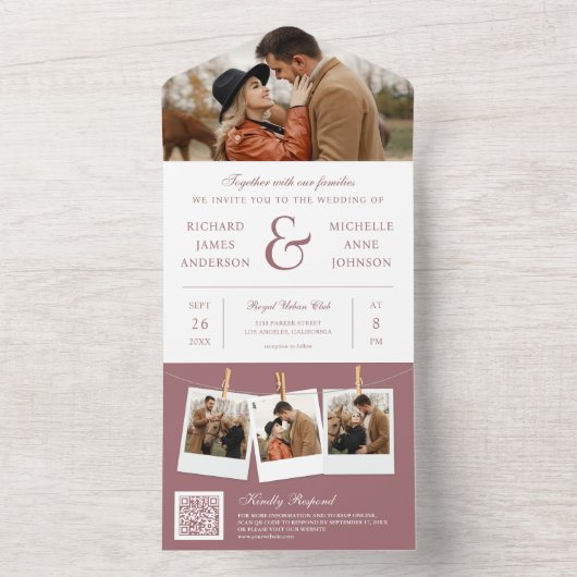 Modern Dusty Roos Ampersand Foto QR Code Bruiloft All In One Uitnodiging (Binnen)