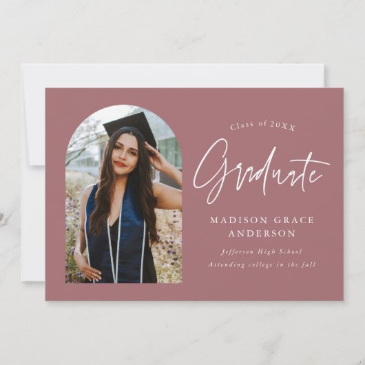 Modern Dusty Roos Arch Photo Afstuderen Aankondiging (Voorkant)