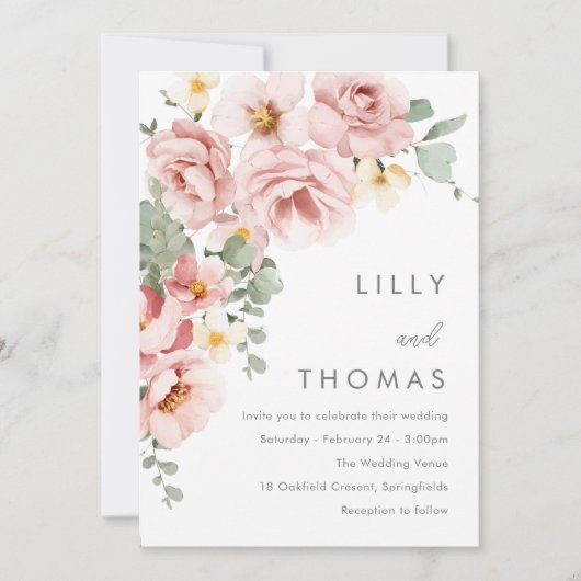 Modern Dusty Roos Blush Bloemen Bruiloft Kaart (Voorkant)