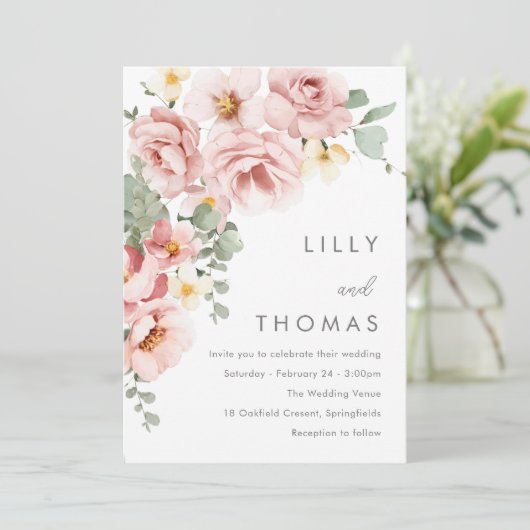 Modern Dusty Roos Blush Bloemen Bruiloft Kaart (Staand voorkant)