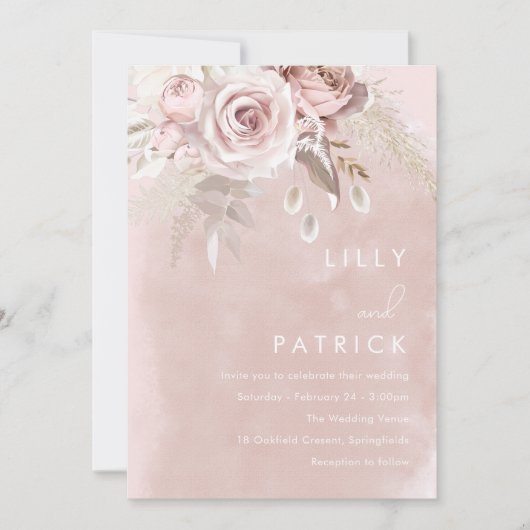 Modern Dusty Roos & Blush Roos Waterverf bruiloft Kaart (Voorkant)