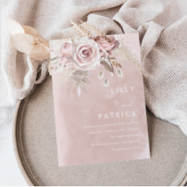 Modern Dusty Roos & Blush Roos Waterverf bruiloft Kaart