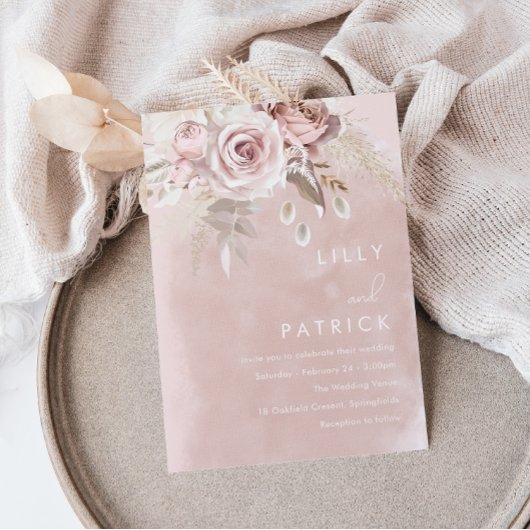 Modern Dusty Roos & Blush Roos Waterverf bruiloft Kaart