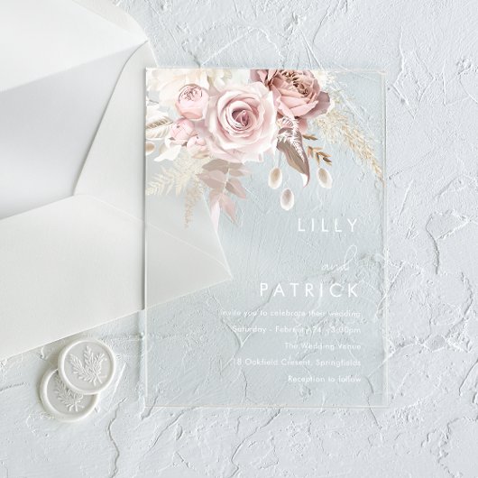 Modern Dusty Roos & Blush Roos Wedding Acryl Uitnodigingen