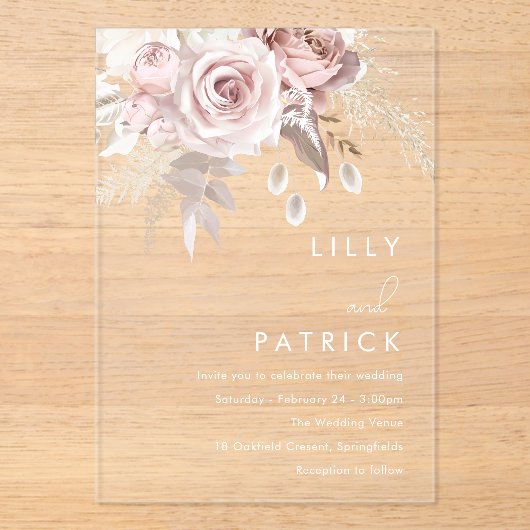 Modern Dusty Roos & Blush Roos Wedding Acryl Uitnodigingen (Voorkant)