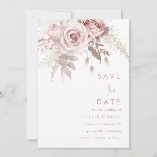 Modern Dusty Roos & Blush Roos Wedding Save The Date (Voorkant)