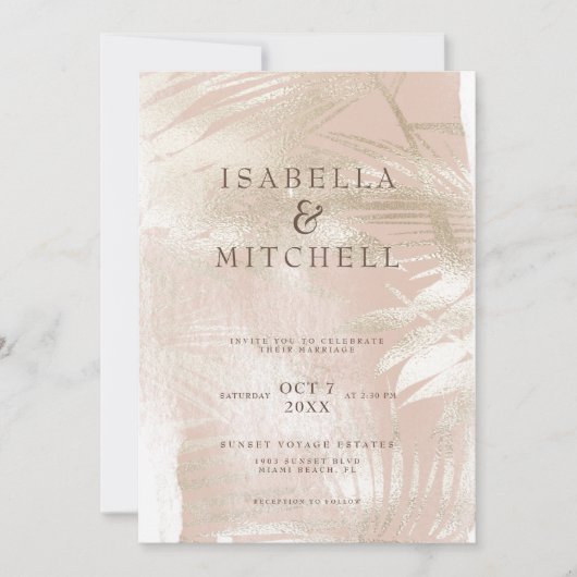 Modern Dusty Roos en Gold Tropical Palm Wedding Kaart (Voorkant)