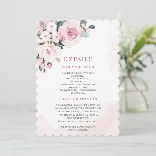 Modern Dusty Roos en Grey Wedding Details Kaart (Staand voorkant)