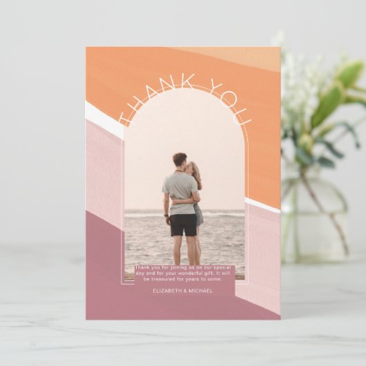 Modern Dusty Roos Oranje Striped FOTO DANK U Bedankkaart (Staand voorkant)