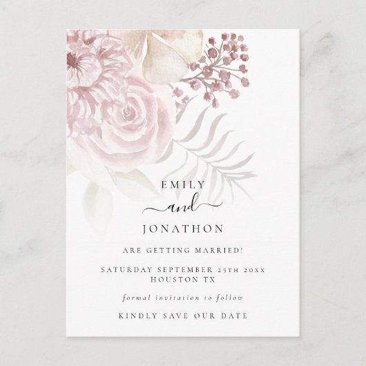 Modern Dusty Roos Pink Florals Save the Date Aankondigingskaart (Voorkant)
