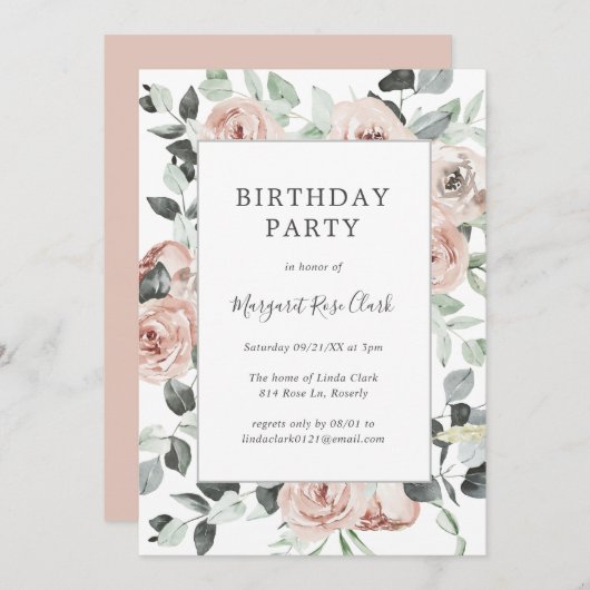 Modern Dusty Roos Roze Bloemen Elegante Verjaardag Kaart (Voorkant / Achterkant)