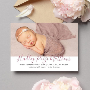Modern Dusty Roos Script Baby Meisje Foto Geboorte Aankondiging