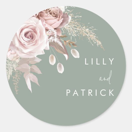 Modern Dusty Rose Blush & Sage Wedding Ronde Sticker (Voorkant)
