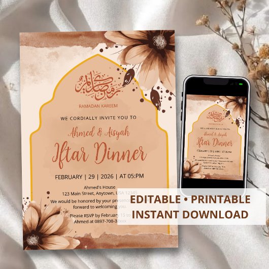 Modern Earth Tone Floral Arched Iftar Invitation Kaart