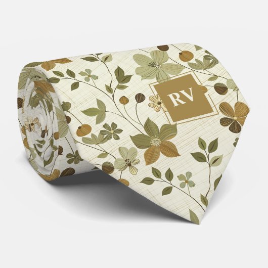 Modern Earth Tone Floral Monogram Stropdas (Opgerold)