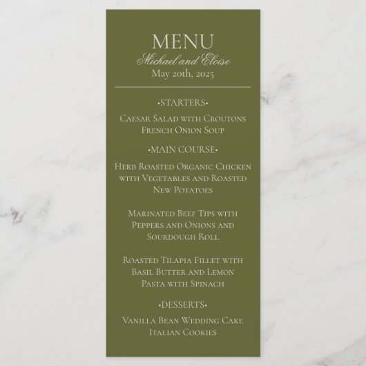 Modern Earth Tone Olive Green Wedding Diner Menu (Voorkant)
