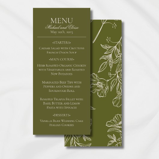 Modern Earth Tone Olive Green Wedding Diner Menu