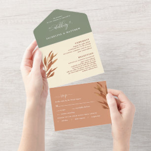 Modern Earth Tone Wedding w/ Perforated RSVP All In One Uitnodiging