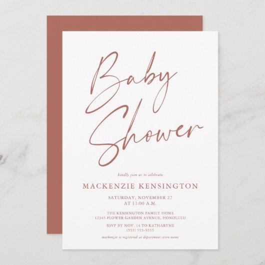 Modern Earth Tones Simple Script Baby shower Kaart (Voorkant / Achterkant)
