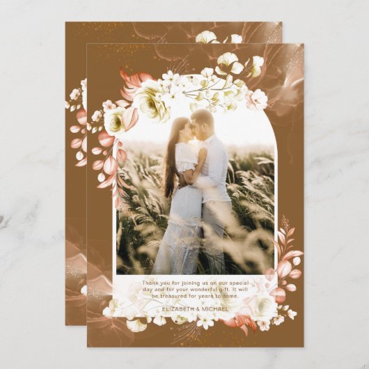 Modern Earthy Brown Coral Floral PHOTO BEDANKT U (Voorkant / Achterkant)