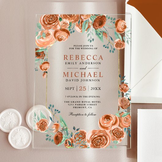 Modern Earthy Burnt Orange Roses Floral Wedding Acryl Uitnodigingen