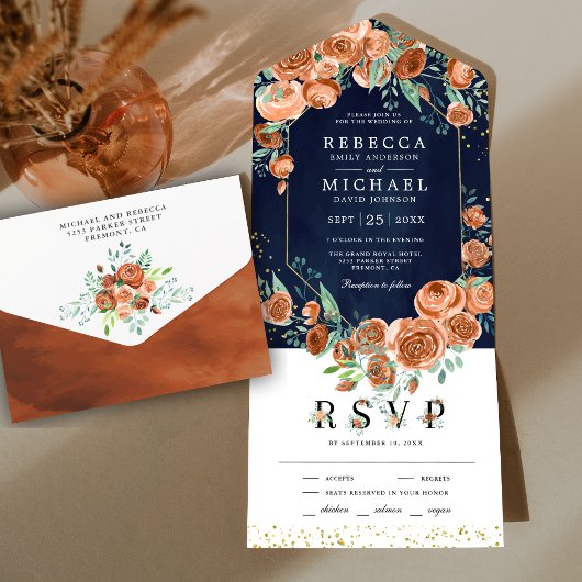 Modern Earthy Burnt Oranje Floral Navy Wedding All In One Uitnodiging