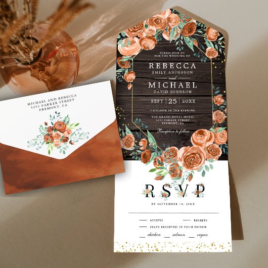 Modern Earthy Burnt Oranje Floral Wood Weddenschap All In One Uitnodiging