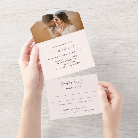 Modern Earthy Neutral Photo Wedding All In One Uitnodiging (Afscheurbaar)