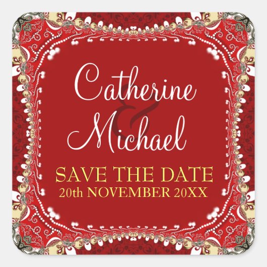 Modern Eastern Red Save the Date Sticker (Voorkant)